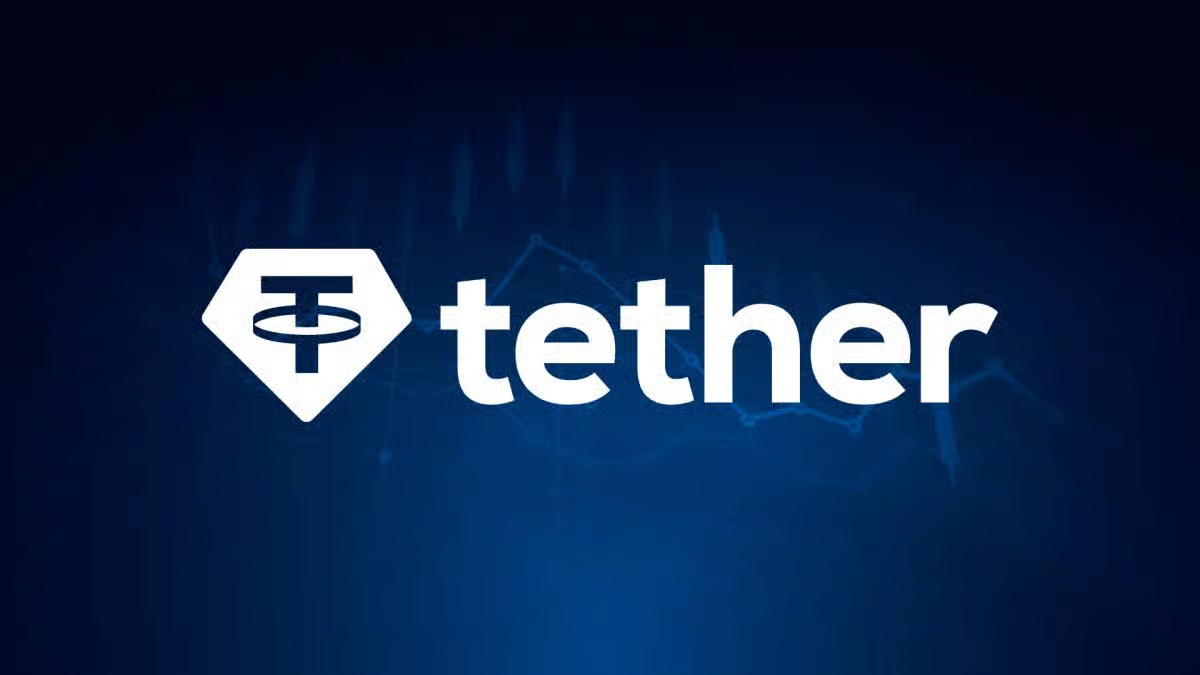 The official white Tether USDT logo and text displayed horizontally against a dark blue background with a blurred cryptocurrency candlestick trading chart.