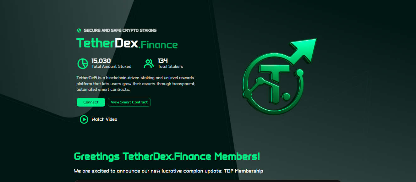 TetherDex Finance website interface showing crypto staking statistics, total amount staked, and a greeting to members about the new TDF Membership complan update. Features a green 3D "T" logo.