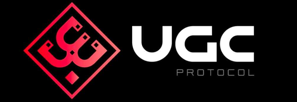 The official logo of the UGC Protocol, featuring a stylized red diamond emblem with integrated Arabic characters (UG) next to the white text "UGC" and "PROTOCOL" on a black background