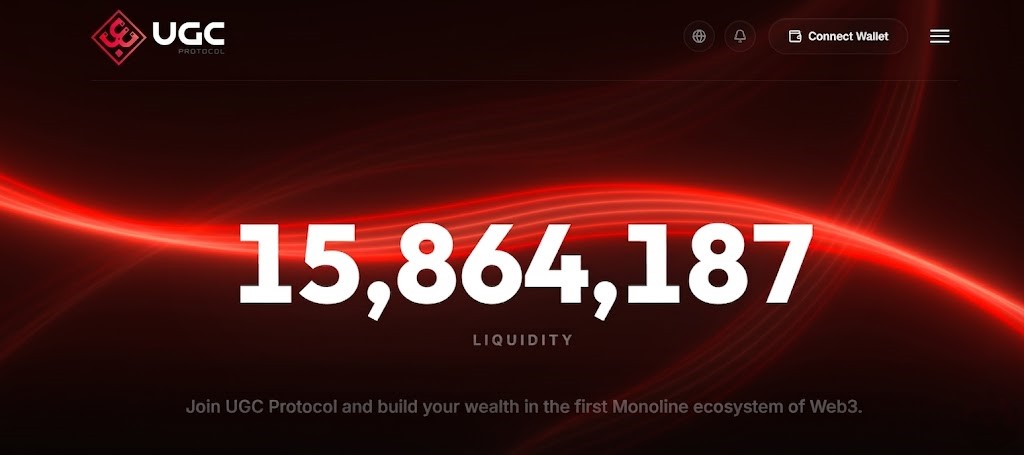 UGC Protocol interface displaying over 15 million in liquidity and promoting the first Monoline ecosystem of Web3 with a connect wallet option.