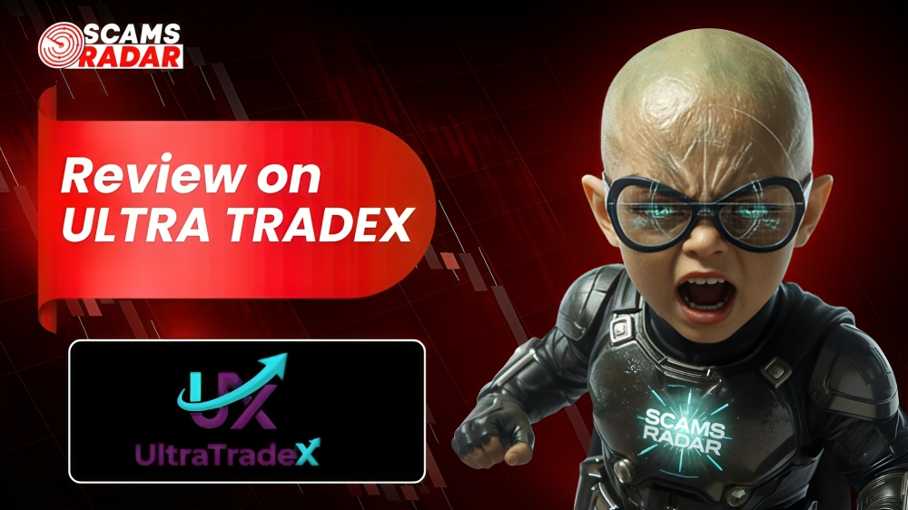 Ultra Trade X review banner by Scams Radar featuring a futuristic character and trading platform logo over a red financial chart background.
