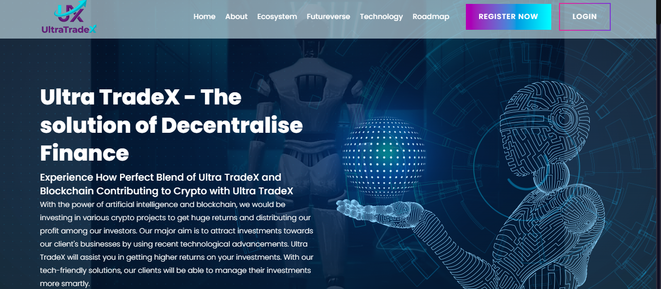 Ultra TradeX landing page banner showcasing decentralized finance solutions with a futuristic robotic aesthetic and blockchain technology elements.