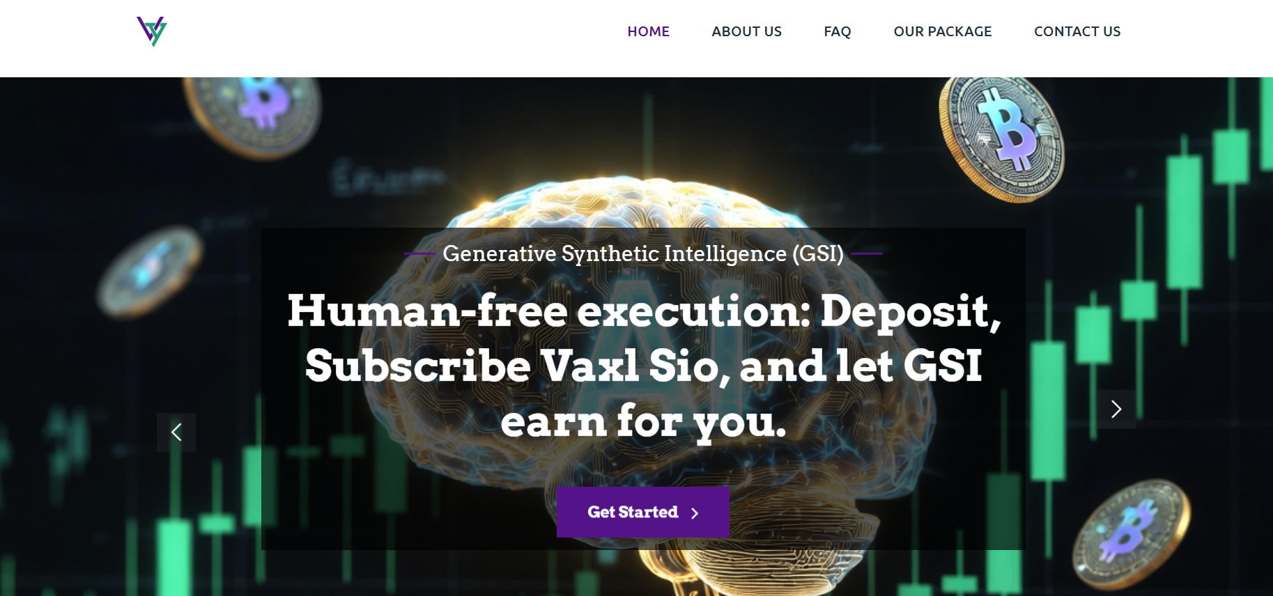 Varcel Chain website homepage interface showing Generative Synthetic Intelligence text overlay, automated AI brain graphic, and financial candlestick charts.