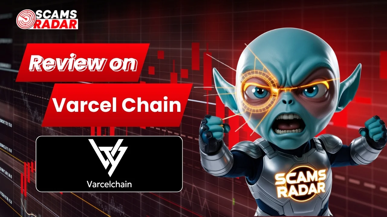 Futuristic blue alien character with Scams Radar logo reviewing Varcel Chain cryptocurrency on a red financial chart background