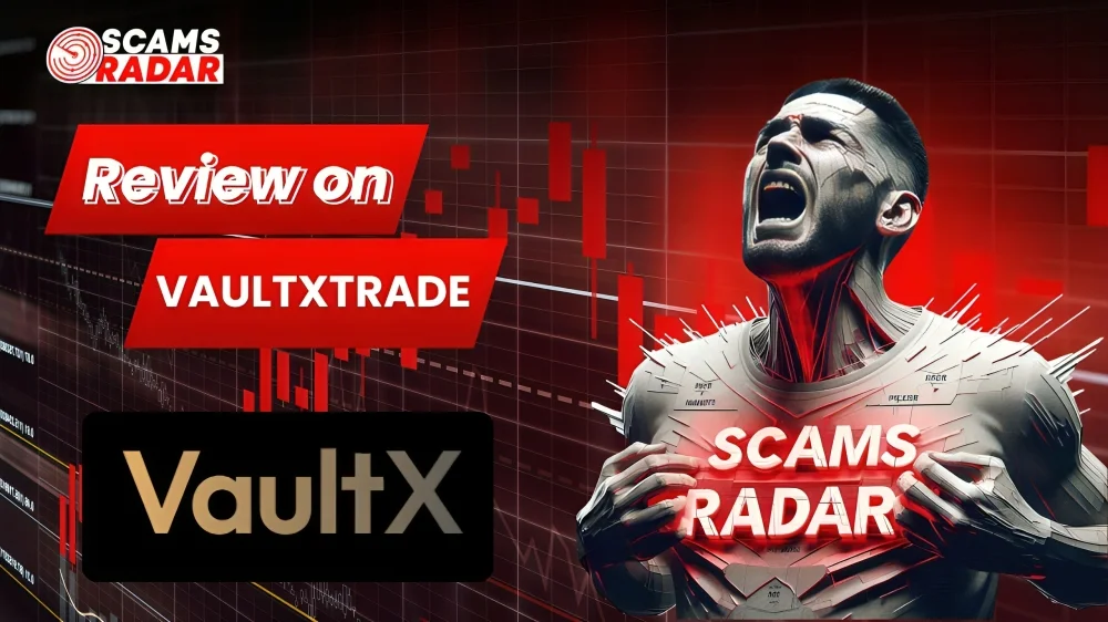 VaultXTrade (VaultX) review graphic featuring Scams Radar logo and financial trading charts for forensic analysis.