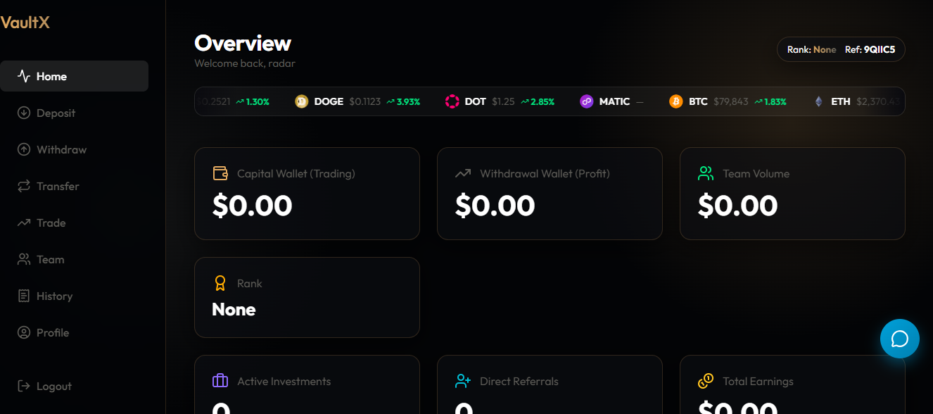 VaultXTrade platform dashboard showing capital wallet, withdrawal wallet, and cryptocurrency market rates like BTC and ETH.