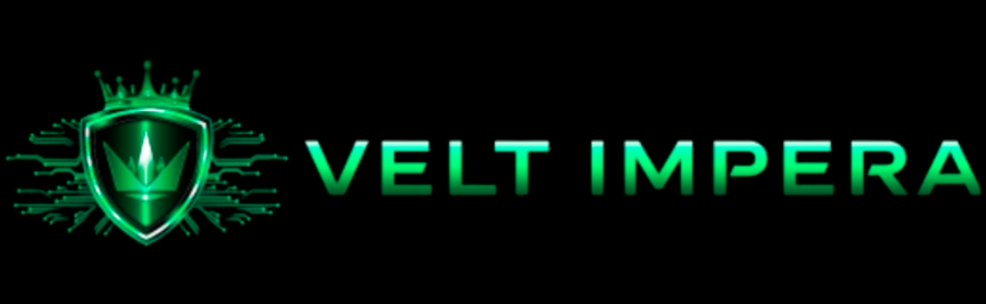 Official Velt Impera logo featuring a green metallic shield with a crown and futuristic circuit lines on a black background.