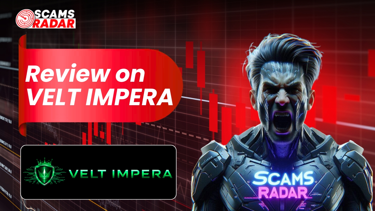Detailed Velt Impera review by Scams Radar featuring a financial analysis background with a red bearish candlestick chart.