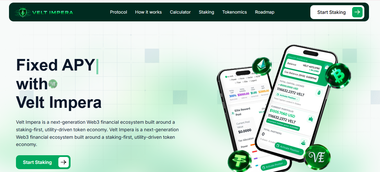 Velt Impera Web3 financial ecosystem homepage showing fixed APY features, mobile wallet interface, and staking dashboard rewards.