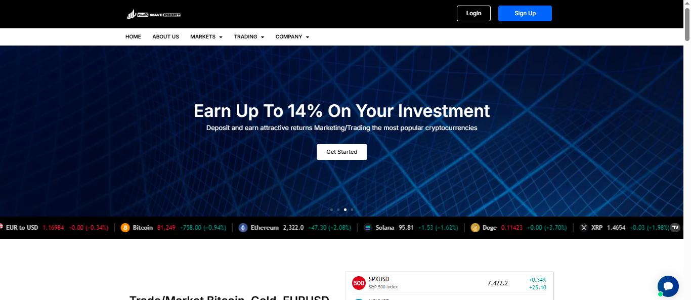 Homepage of Wealth Wave Profit website featuring an "Earn Up To 14% On Your Investment" banner with a cryptocurrency price ticker.