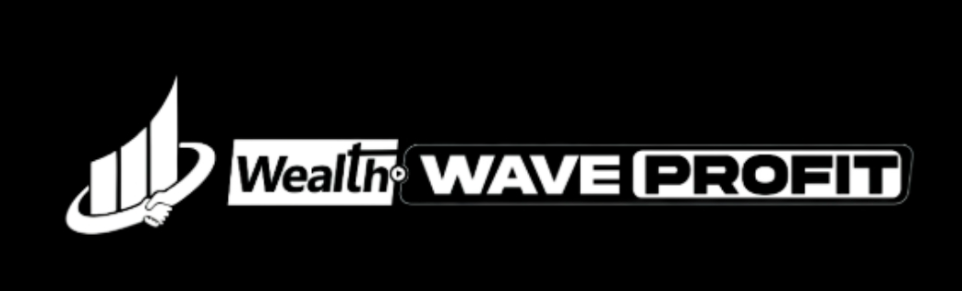 Official white horizontal logo for Wealth Wave Profit featuring a stylized bar graph and handshake icon on a black background.