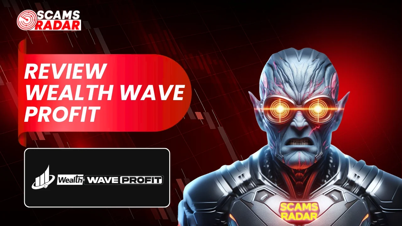 A forensic review thumbnail for Wealth Wave Profit featuring the Scams Radar logo, a cinematic character with glowing eyes, and a financial chart background.