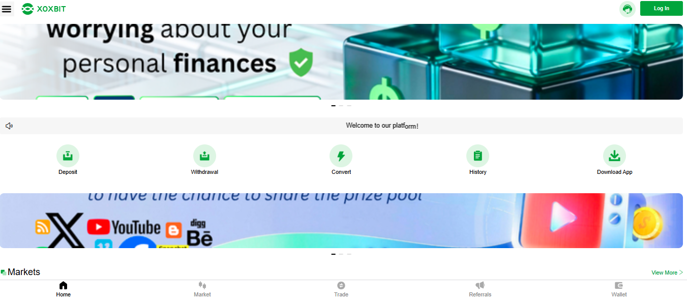 XOXBIT website interface showing the user dashboard with options for Deposit, Withdrawal, Convert, and History. Features a banner about personal finances and social media icons.
