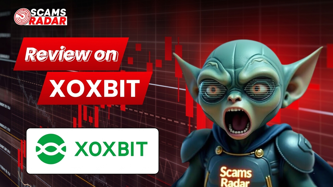 Scams Radar video thumbnail for XOXBIT review, featuring an angry alien-like character and text "Review on XOXBIT" against a red stock market chart background. Includes the official XOXBIT logo.