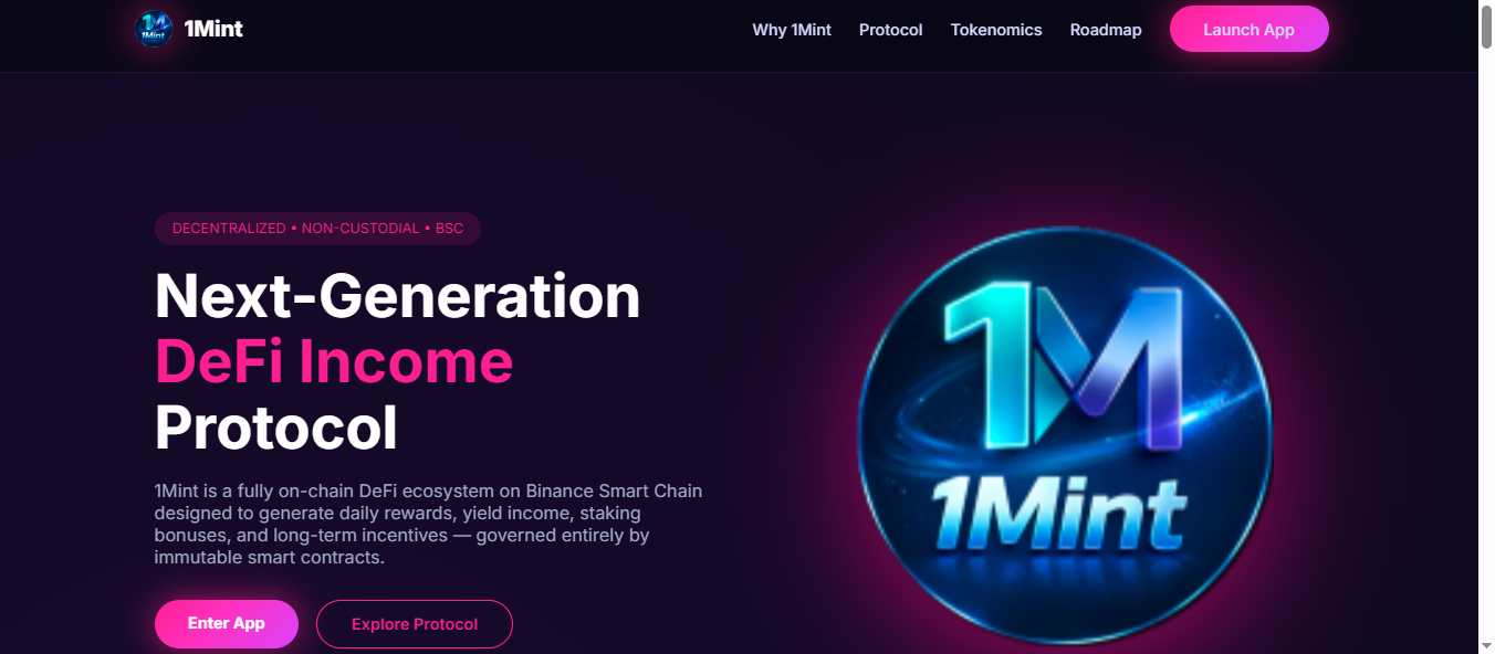 1Mint Protocol homepage showing next-generation DeFi income protocol on Binance Smart Chain with staking and daily rewards features