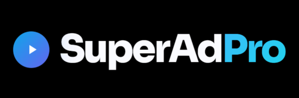 SuperAdPro logo with blue play button icon on black background