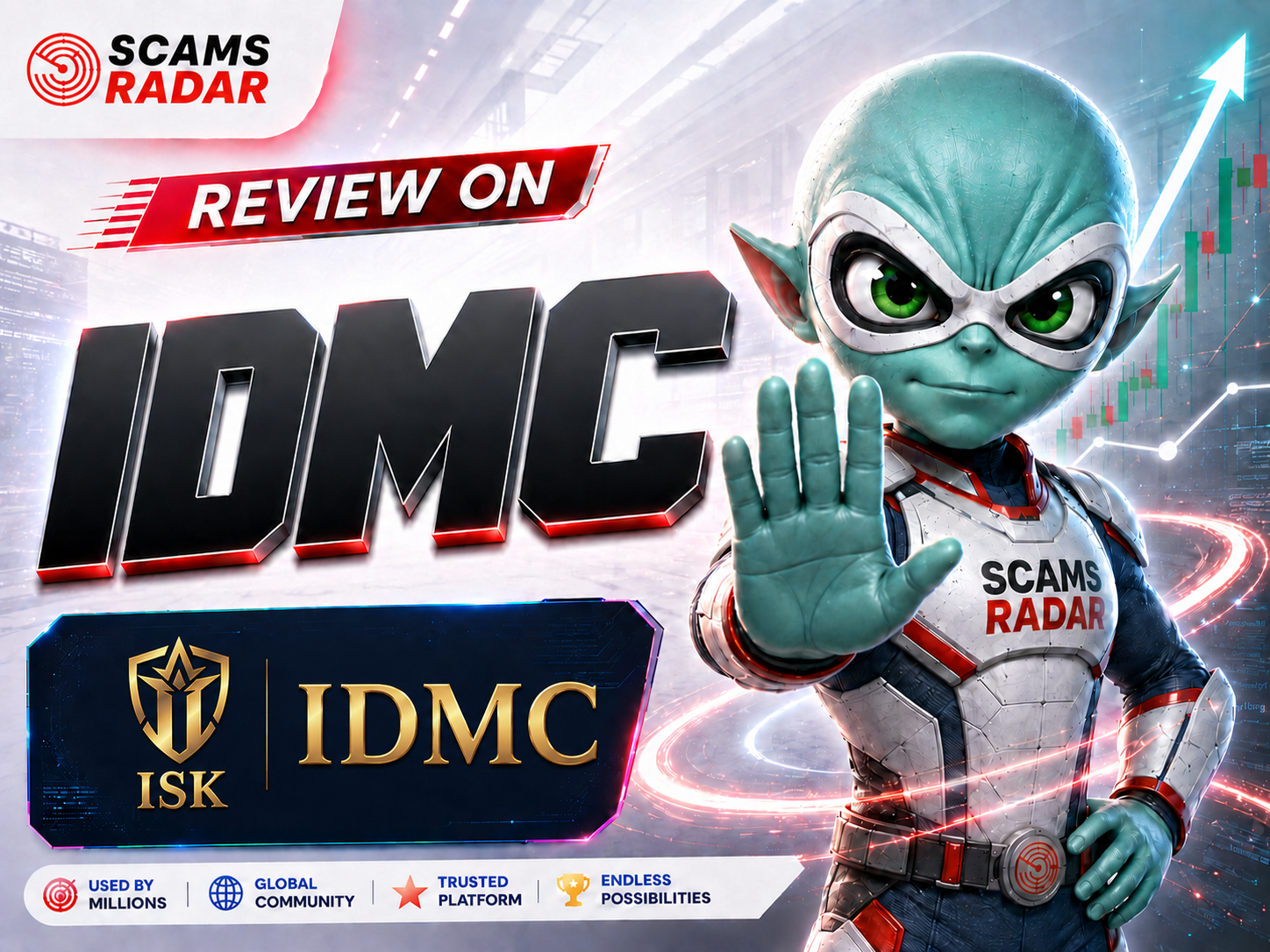 ScamRadar IDMC review banner featuring a futuristic alien mascot, ISK and IDMC branding, and a financial market chart background highlighting a crypto mining and investment platform analysis.