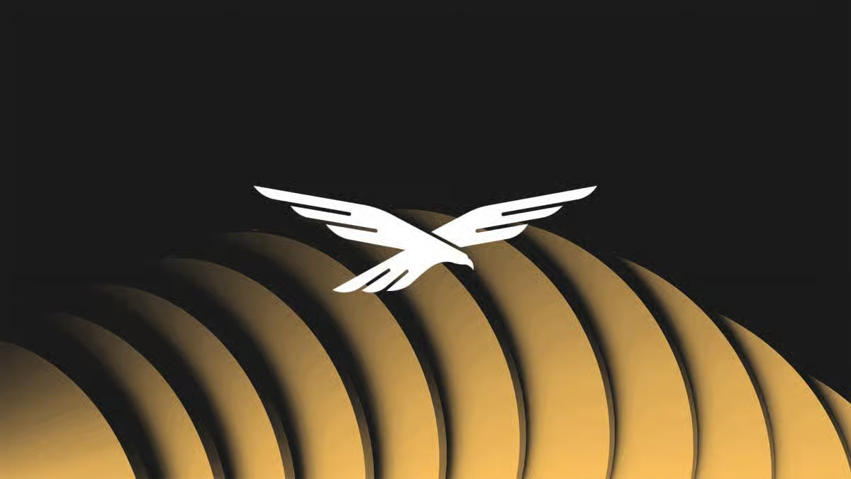 Sleek white abstract eagle logo flying over 3D layered curved waves in a royal gold tone, set against a dark background representing premium brand identity.