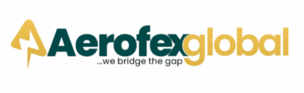 Aerofex Global official logo in dark green and yellow, featuring a lightning bolt symbol and the tagline 'we bridge the gap