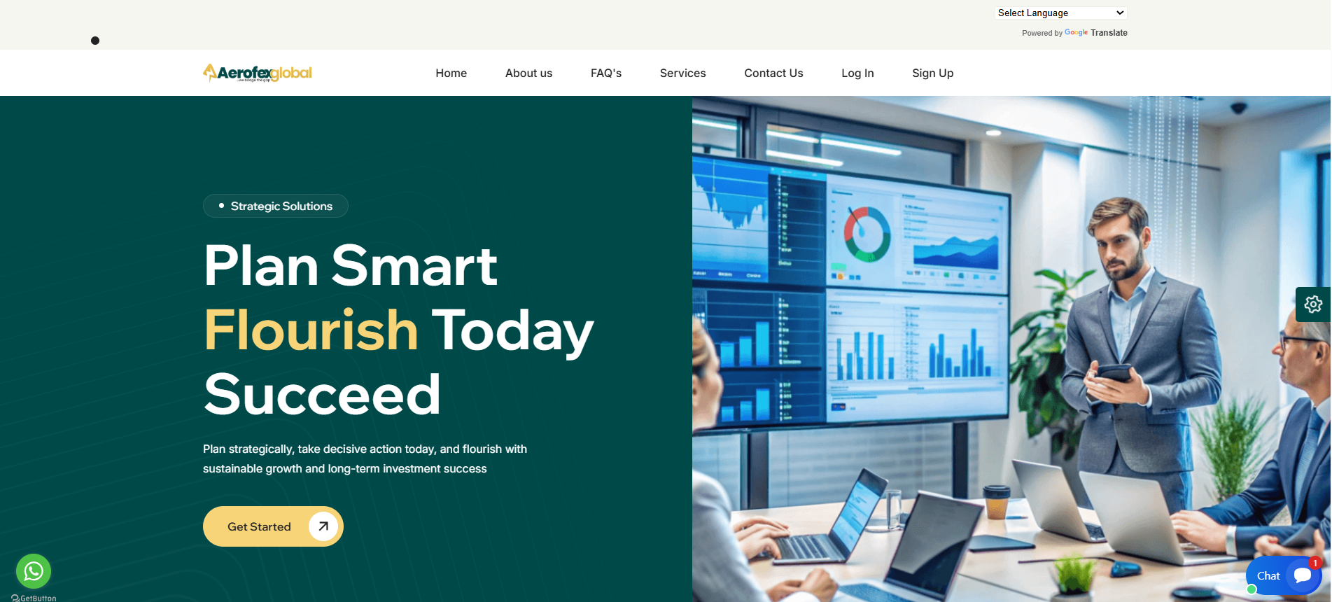 Screenshot of the Aerofex Global website homepage showing the hero section with the text 'Plan Smart Flourish Today Succeed', a 'Get Started' button, and a team of professionals analyzing financial charts on screens.