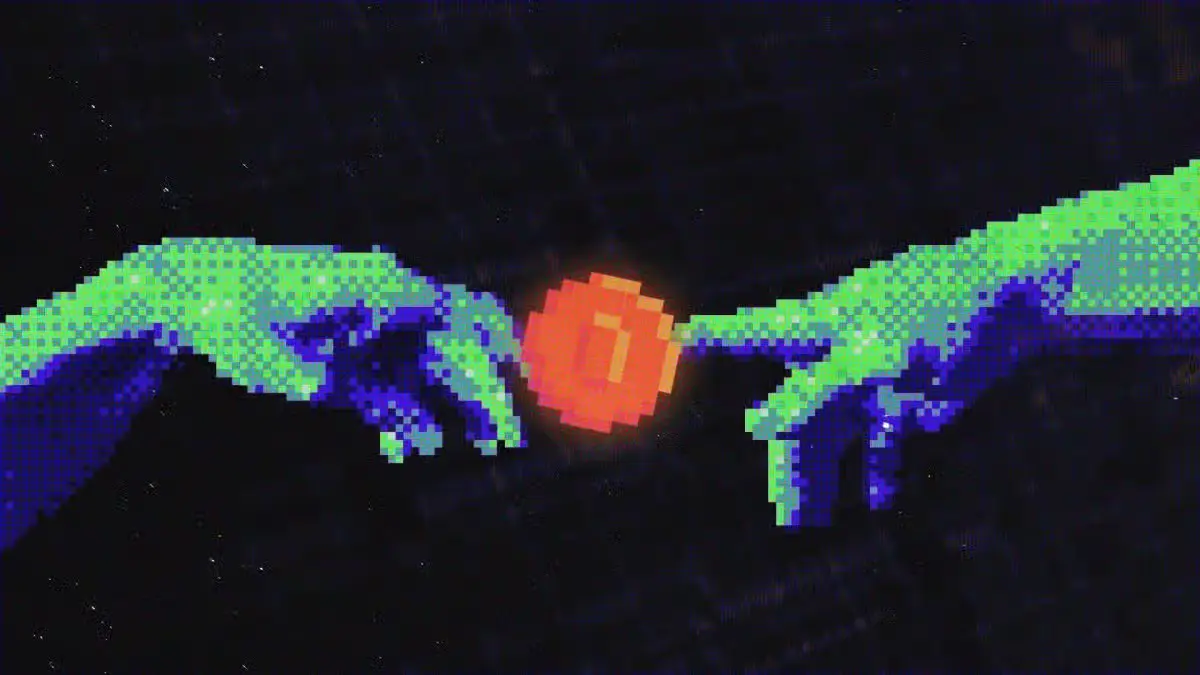 Digital pixelated hands exchanging an AI token, representing blockchain technology, cryptocurrency, artificial intelligence, decentralized finance, and digital assets.