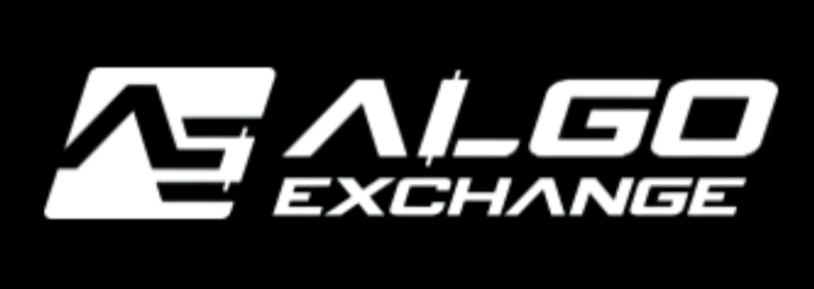 Algo Exchange cryptocurrency and algorithmic trading platform logo in white on a black background