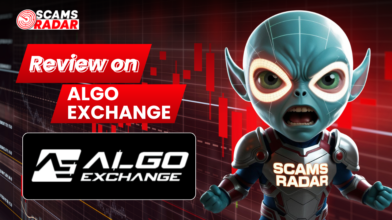 Scams Radar review thumbnail for Algo Exchange featuring a warning message, a character in armor, and trading charts in the background.