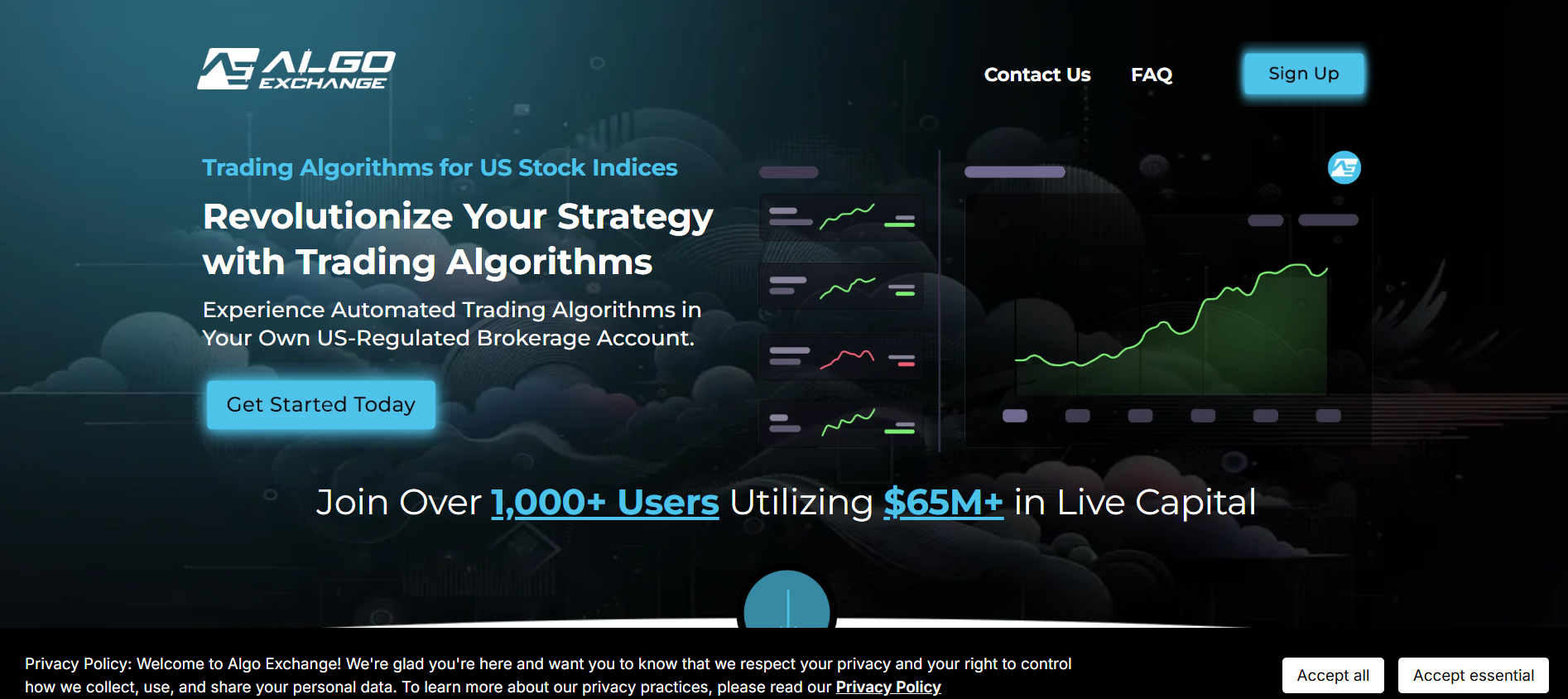 Algo Exchange platform interface showing automated trading algorithms for US stock indices, performance charts, and user statistics.