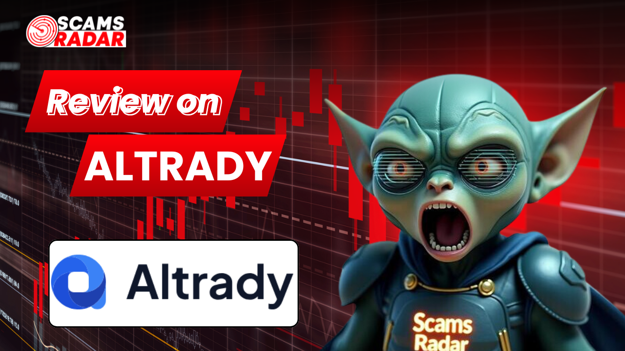 Scams Radar thumbnail for an Altrady review, featuring a shocked green alien character and the Altrady logo against a red downward crypto trading chart background.