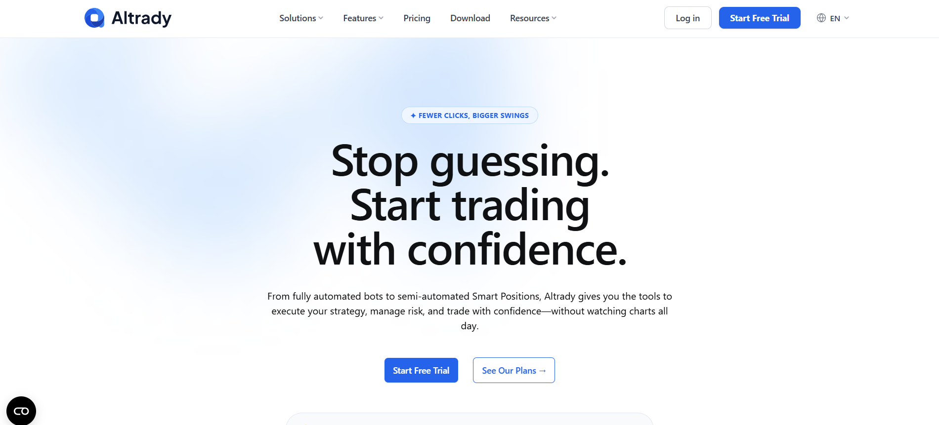 Screenshot of the Altrady trading platform homepage highlighting automated bots, smart positions, and risk management tools.