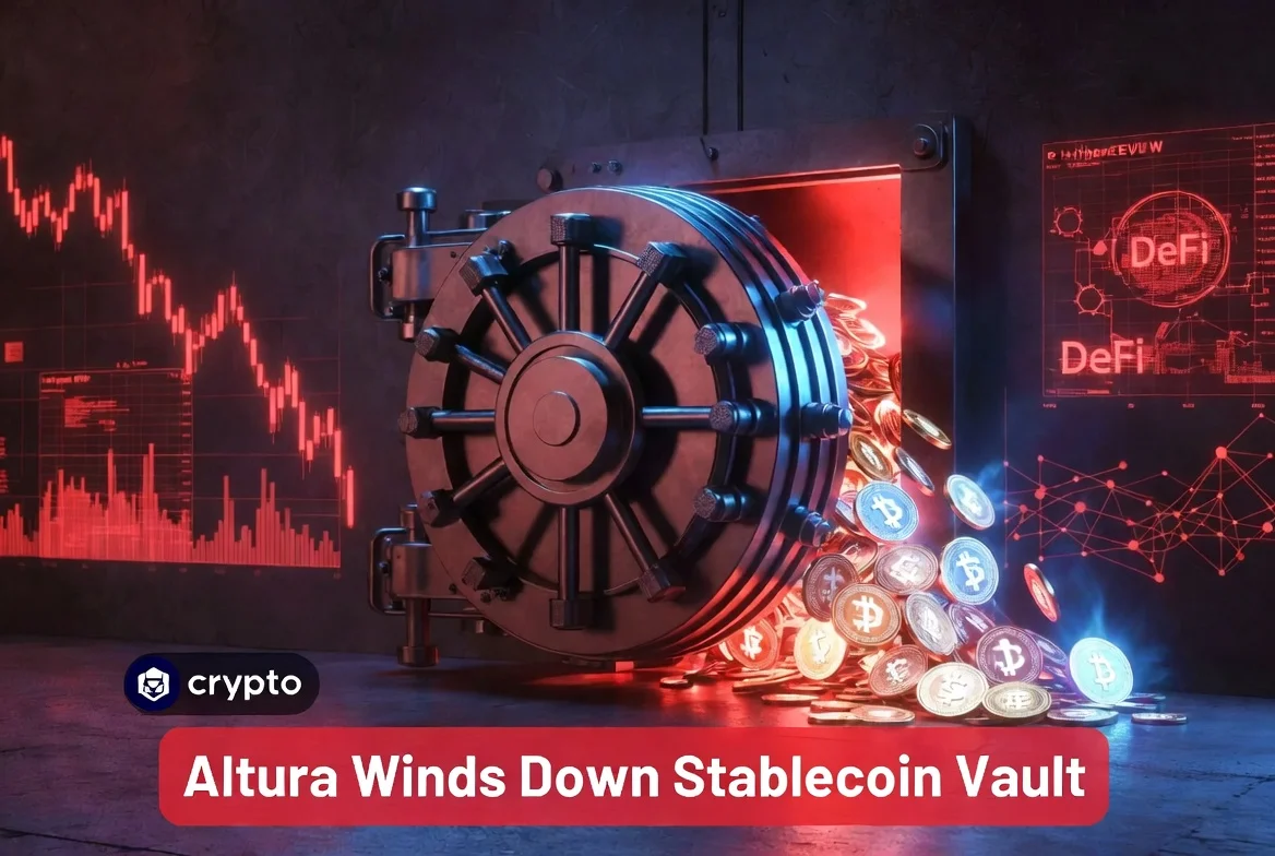 Altura DeFi protocol winding down its stablecoin yield vault due to unprecedented withdrawal requests, with USDT coins flowing out of a secure vault and red market charts in background.