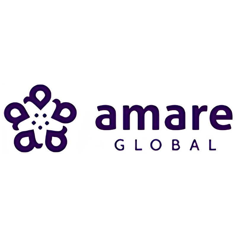 Dark purple Amare Global logo featuring a geometric floral icon on a white background.