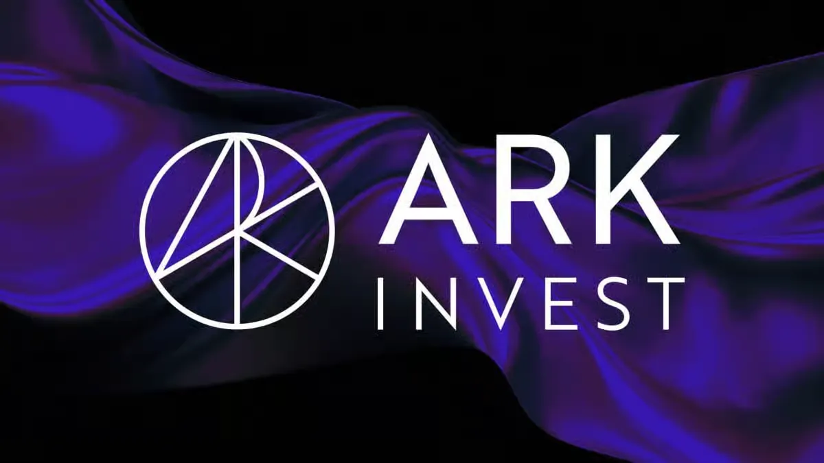 ARK Invest logo on a black background with purple abstract waves representing the investment management company.