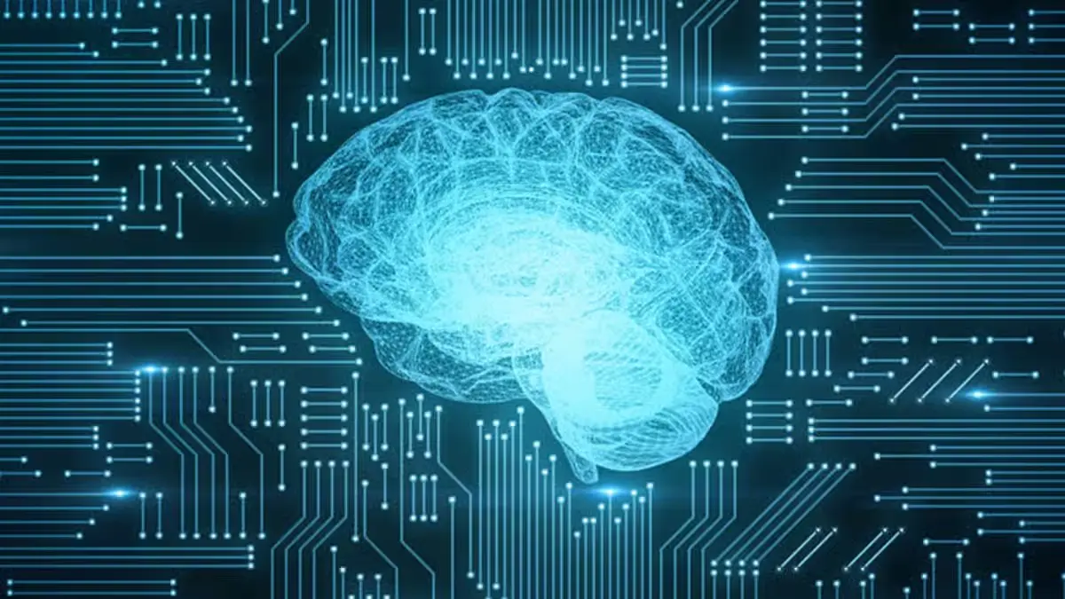 Digital artificial intelligence brain connected to electronic circuits representing machine learning, neural networks, deep learning, and advanced AI technology.