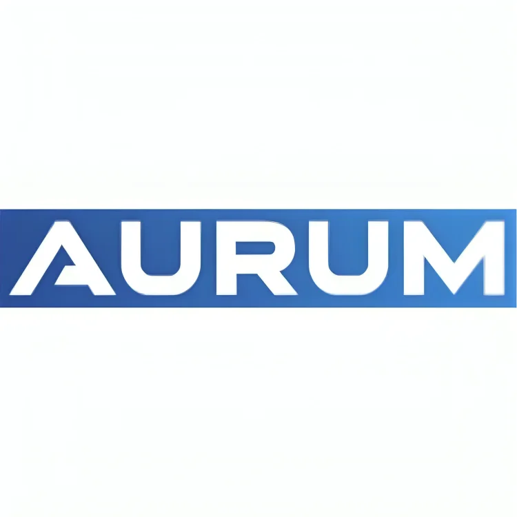 Aurum logo in white text on blue background