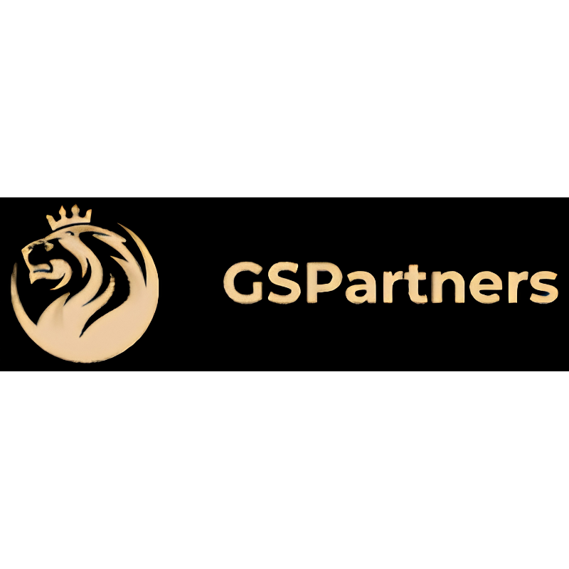 GSPartners gold lion logo with a crown on a black background representing the company's brand identity.