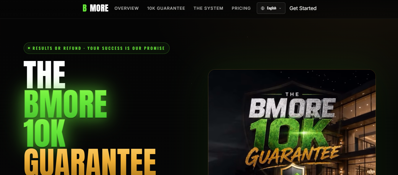 B More website homepage displaying the 10K Guarantee offer with green and gold promotional branding.