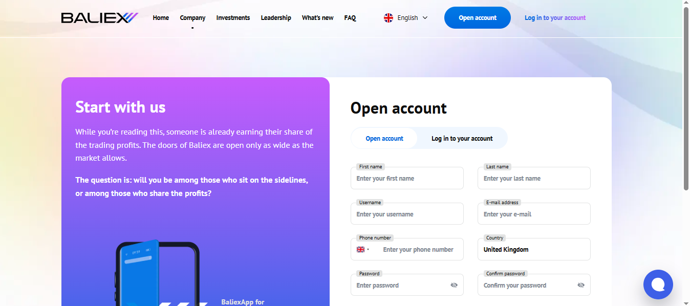 Baliex review showing open account registration page with signup form, login option, and user interface dashboard.