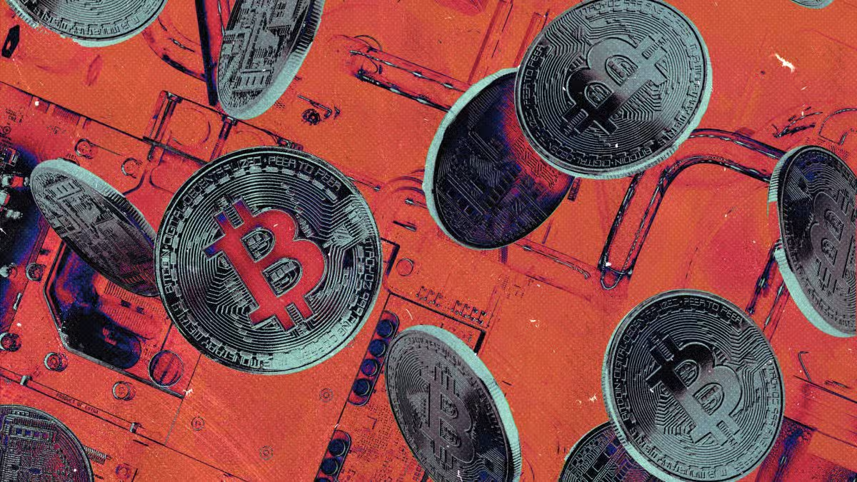 Floating physical Bitcoin coins against a stylized, orange industrial background.