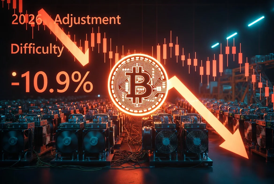 Bitcoin mining difficulty drops 10.09% in June 2026 - Second largest negative adjustment of the year shown with mining rigs and price charts