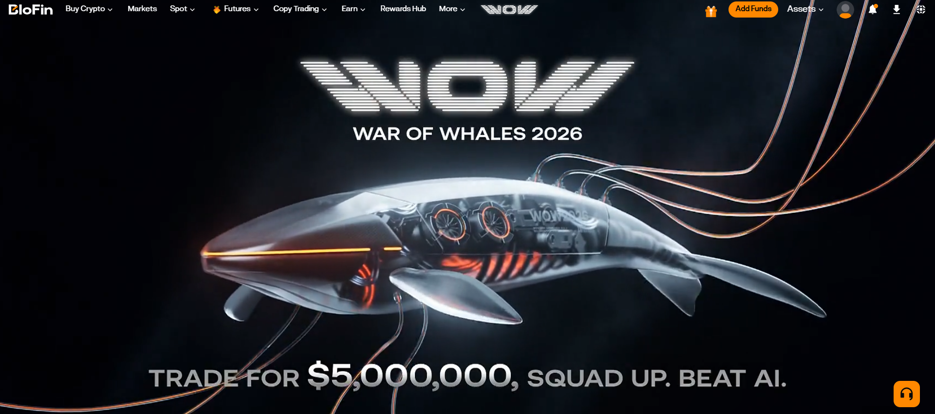 Promotional website banner for BloFin exchange's 'War of Whales 2026' event, featuring a large, biomechanical whale with internal glowing components against a dark background. The top navigation bar shows the BloFin logo