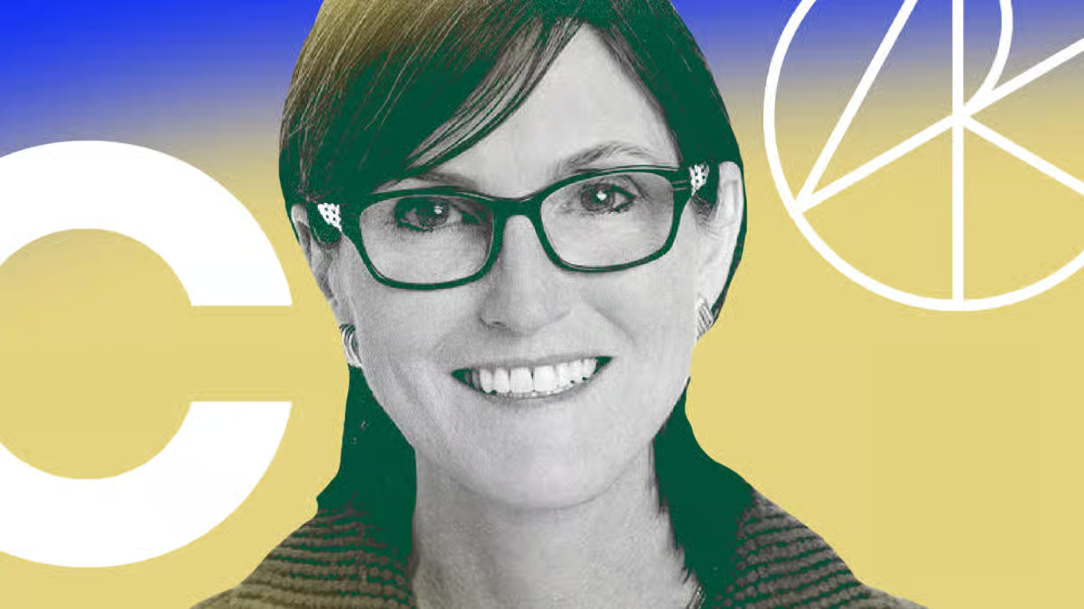 Portrait of Cathie Wood, founder of ARK Invest, against a stylized yellow and blue background.
