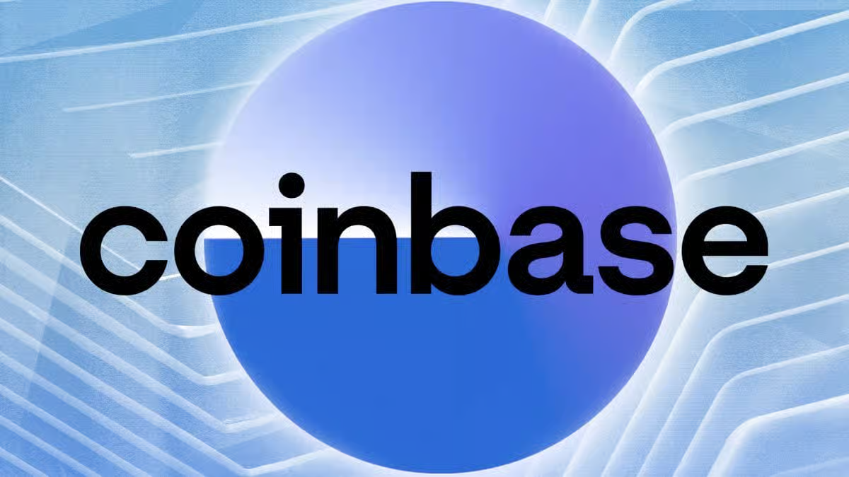 Illustration of the Coinbase cryptocurrency exchange logo featuring bold black text over a blue split circle and an abstract wavy background.