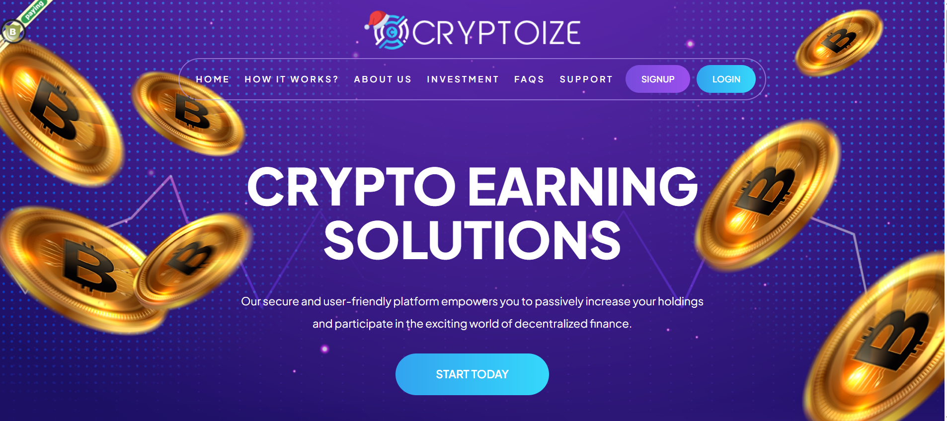 Cryptoize.net Review banner showing crypto earning solutions, Bitcoin coins, and a platform interface for digital investment opportunities.
