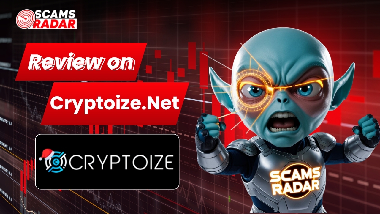 Cryptoize.net Review banner showing Cryptoize.net logo, market charts, and a scam alert illustration analyzing the platform's legitimacy and risks.