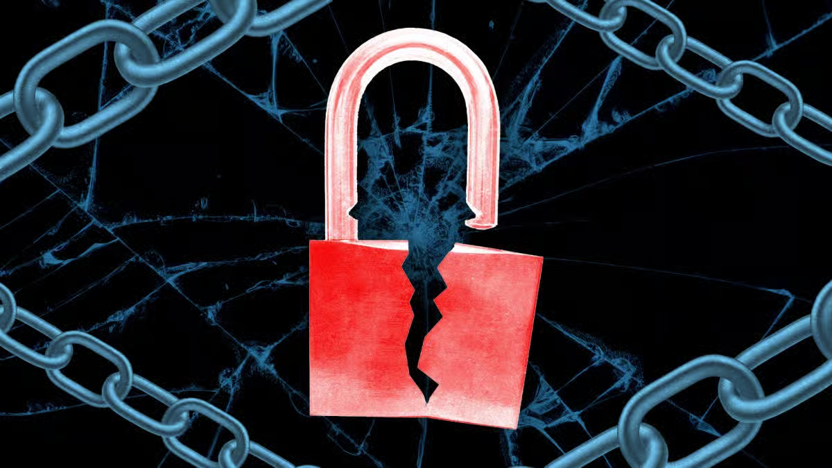 Broken red padlock symbolizing a cybersecurity data breach, network vulnerability, online security risk, and hacked digital system.