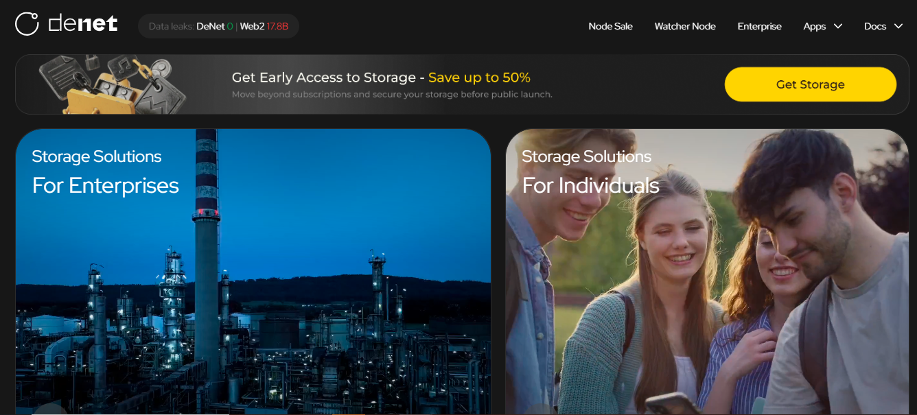 DeNet homepage showcasing decentralized cloud storage solutions for enterprises and individuals in a detailed DeNet Review