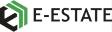 Official logo of E-ESTATE featuring a black and green hexagonal icon with bold black text on a clean white background.