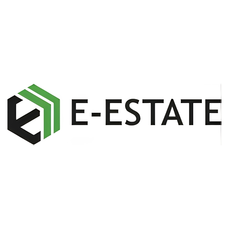 Official logo of E-ESTATE featuring a black and green hexagonal icon with bold black text on a clean white background.