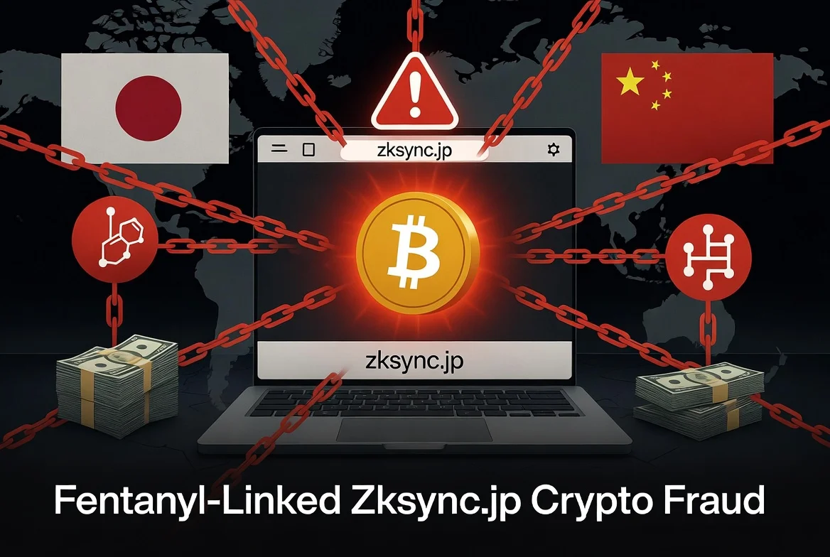 Illustration showing laptop with fake zksync.jp token connected by red chains to Japanese and Chinese flags, Bitcoin symbol, money stacks and warning signs, representing the Nikkei investigation into fentanyl-linked crypto fraud.